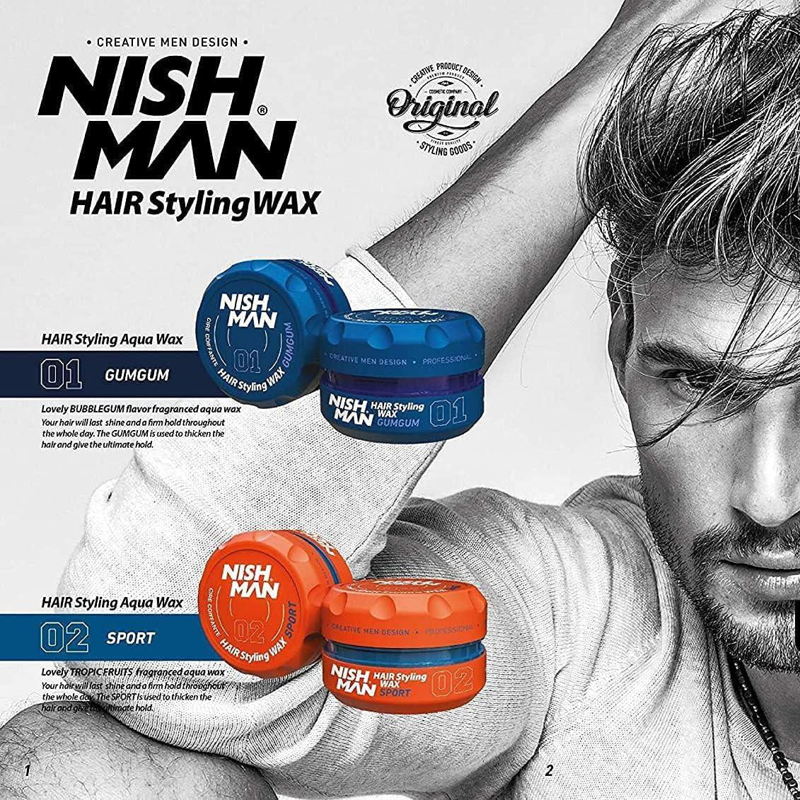 Advertisement for NISH MAN hair styling wax with a man modeling styled hair.